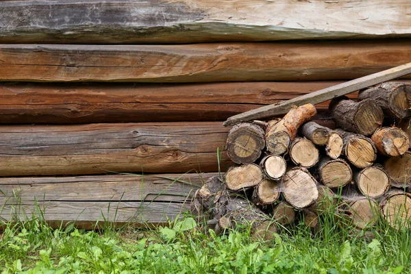 Pile Cut Firewood Wooden Wall Summer Day Space Text — Φωτογραφία Αρχείου