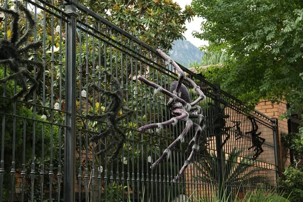 Μεγάλες Αράχνες Μαύρο Μεταλλικό Φράχτη Απόκριες Διακόσμηση — Φωτογραφία Αρχείου