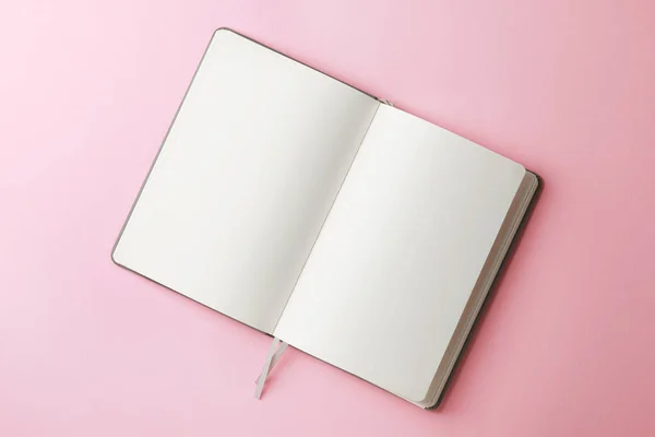 Blank Notebook Pale Pink Background Top View — Zdjęcie stockowe