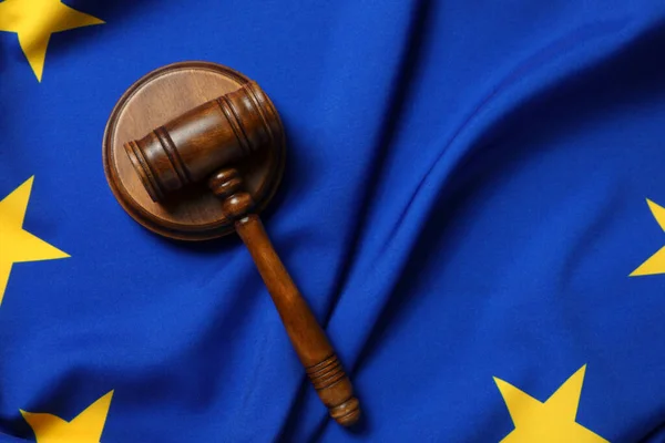 Wooden Judge Gavel Flag European Union Top View Space Text — Fotografia de Stock