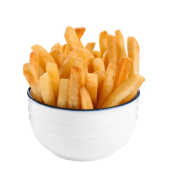 Skål Med Läckra Pommes Frites Vit Bakgrund — Stockfoto