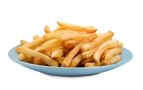 Tallrik Med Läckra Pommes Frites Vit Bakgrund — Stockfoto