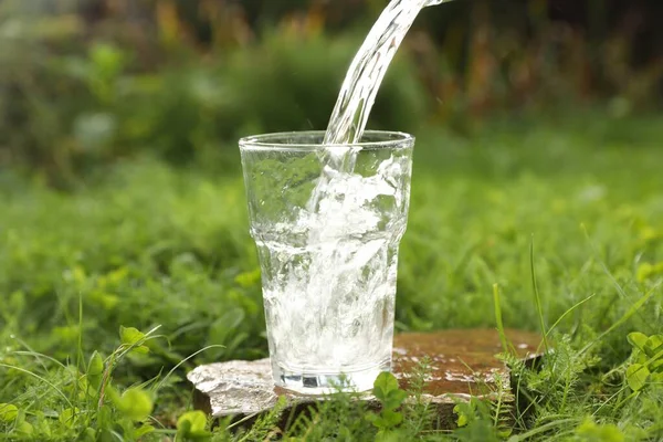 Pouring Fresh Water Glass Stone Green Grass Outdoors — Stock Photo, Image