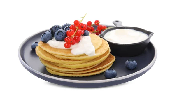 Tasty Pancakes Natural Yogurt Blueberries Red Currants White Background — Photo
