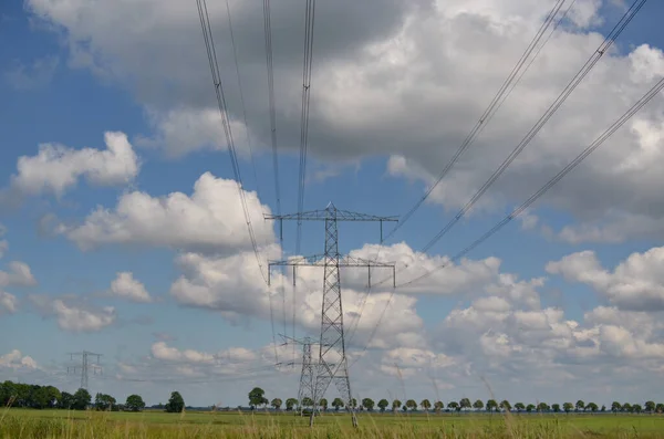 Modern High Voltage Towers Field Sunny Day — Stock Photo, Image