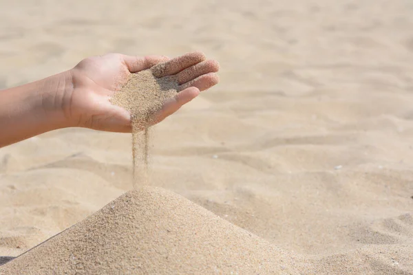 Child Pouring Sand Hand Beach Closeup Space Text Fleeting Time Stock Picture