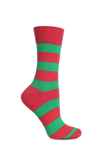 Jedna Červená Zelená Pruhovaná Ponožka Izolovaná Bílém — Stock fotografie