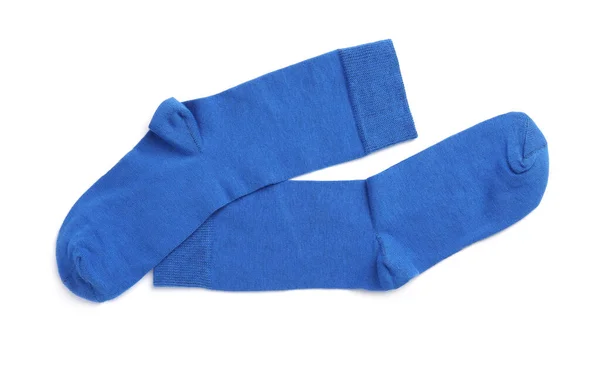 Ζεύγος Μπλε Κάλτσες Λευκό Φόντο Πάνω Όψη — Φωτογραφία Αρχείου