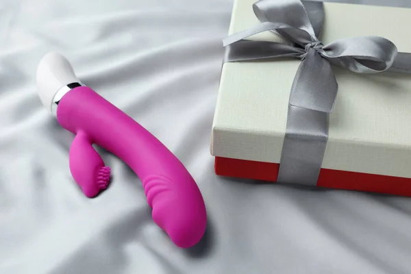 Gift Box Pink Vaginal Vibrator Grey Silk Fabric Sex Toy — Stock Photo, Image