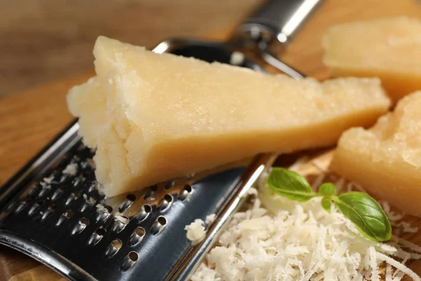 Grated Parmesan Cheese Basil Grater Closeup — Stockfoto