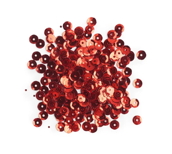 Pile Red Sequins Isolated White Top View — Stock Photo, Image