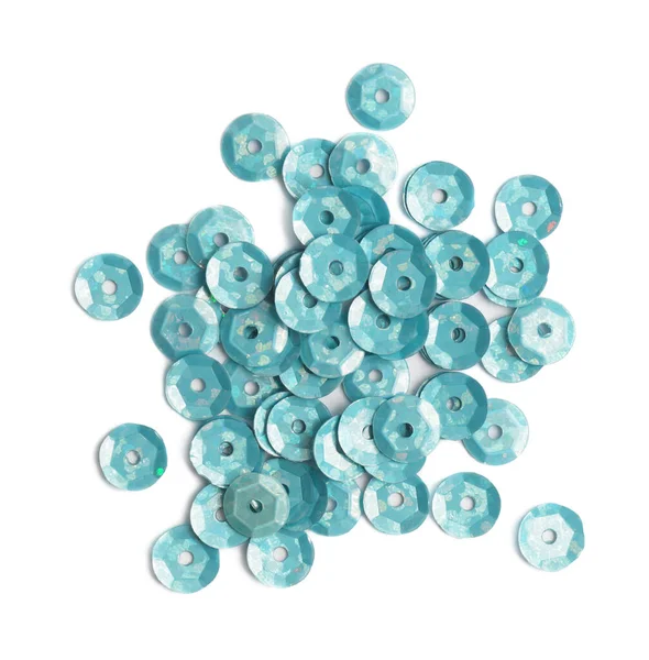 Pile Turquoise Sequins Isolated White Top View — Stock Photo, Image