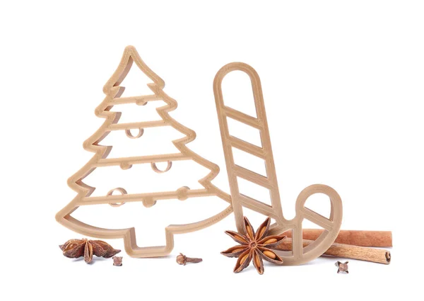 Cookie Řezačky Tvaru Vánočního Stromku Cukrové Třtiny Bílém Pozadí — Stock fotografie
