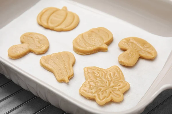 Unbaked Cookies Different Shapes Dish Closeup — Stock Photo, Image