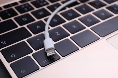 Yıldırım konnektörü ve dizüstü bilgisayarı olan USB kablosu, kapat