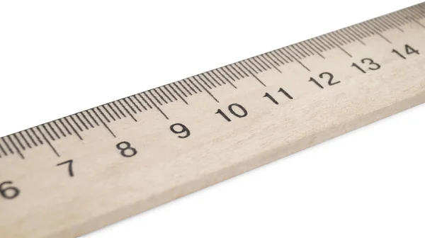 Linijka Drewniana Oznaczeniami Długości Pomiarowej Centymetrach Odizolowana Biało — Zdjęcie stockowe