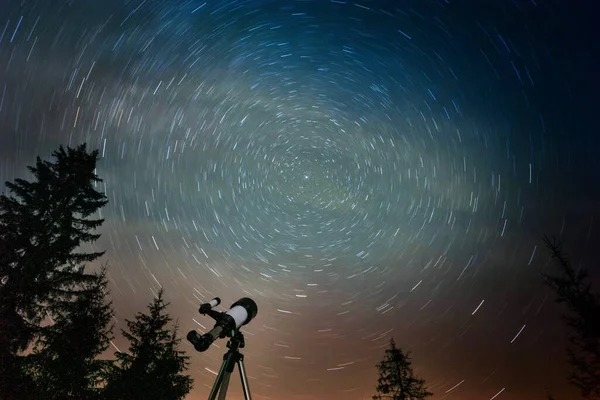 Modern Telescope Night Sky Star Trails Outdoors Low Angle View — Stock Photo, Image