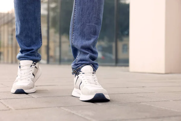 Man Jeans Sneakers Walking City Street Closeup Space Text — Stock Photo, Image