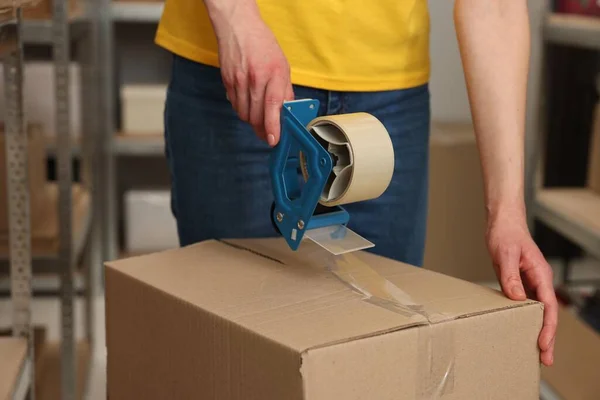 Post Office Worker Packing Box Adhesive Tape Indoors Closeup — Stock Photo, Image