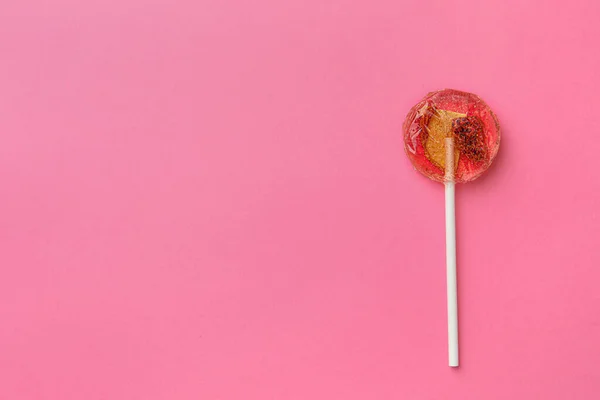 Sweet Colorful Lollipop Berries Pink Background Top View Space Text — Zdjęcie stockowe