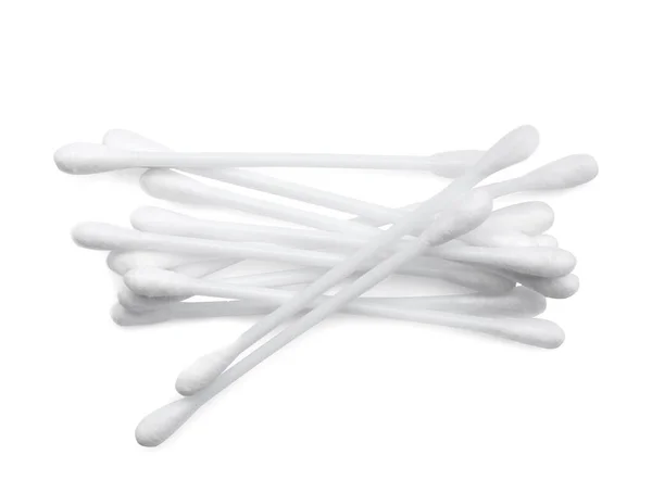 Plastic Cotton Buds White Background Top View — Stock Photo, Image