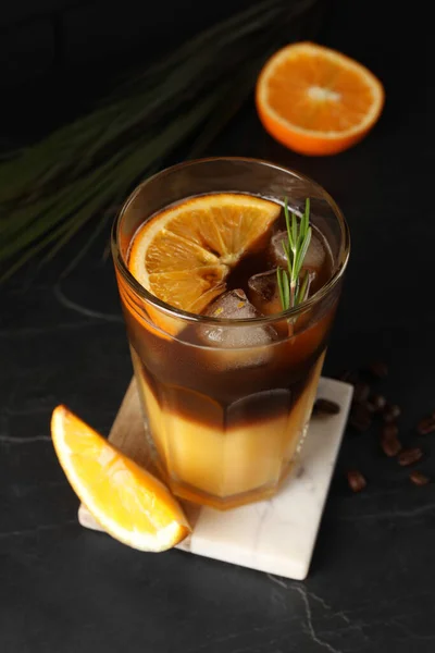 Tasty Refreshing Drink Coffee Orange Juice Grey Table — Fotografia de Stock