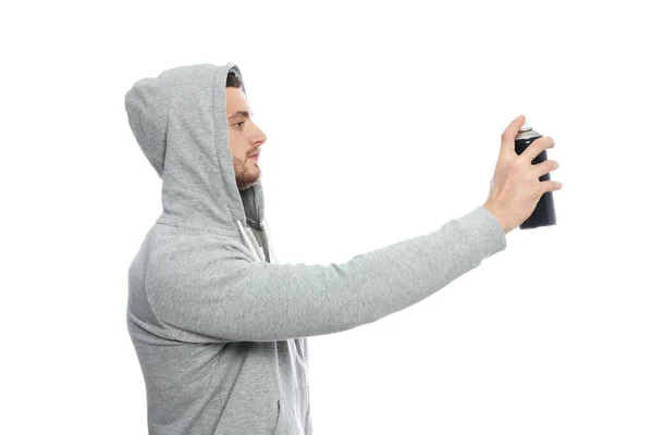 Handsome Man Holding Can Black Spray Paint White Background — Stock Photo, Image