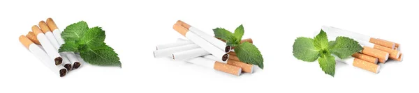 Set Menthol Cigarettes Fresh Mint Leaves White Background Banner Design — Stock Photo, Image