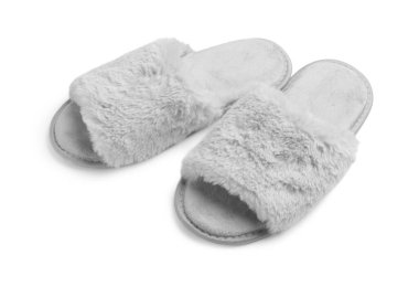 Pair of soft fluffy slippers on white background