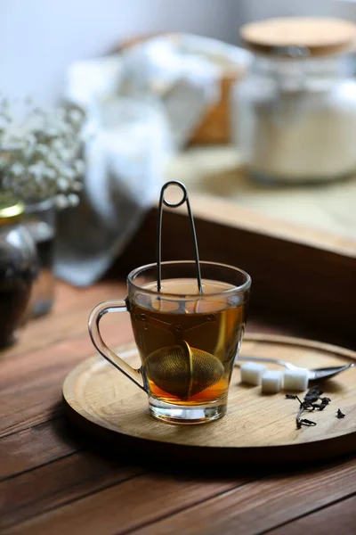 Cup Freshly Brewed Tea Snap Infuser Sugar Cubes Wooden Table — Stock Photo, Image