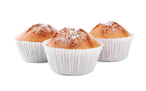 Muffins Savoureux Poudre Avec Sucre Sur Fond Blanc — Photo