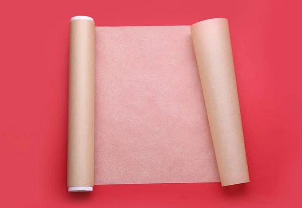 Roll Baking Paper Red Background Top View — Stock Photo, Image