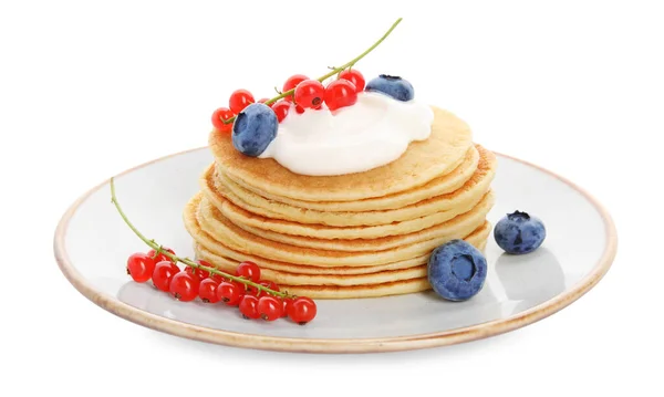 Tasty Pancakes Natural Yogurt Blueberries Red Currants White Background — Stockfoto