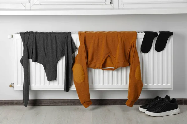 Heating Radiator Clothes Shoes Room — Stock Photo, Image