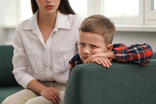 Psychologist Working Unhappy Little Boy Office Mental Health Problems — Zdjęcie stockowe