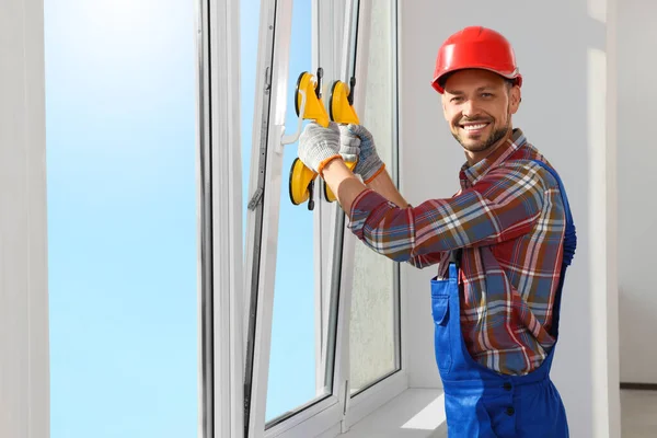 Worker Using Suction Lifters Plastic Window Installation Indoors — Fotografia de Stock