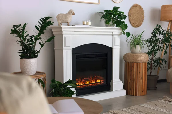 暖炉と緑の植物と美しいリビングルームのインテリア — ストック写真
