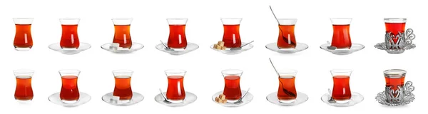 Set Sklenicemi Tradičního Tureckého Čaje Bílém Pozadí Návrh Nápisu — Stock fotografie