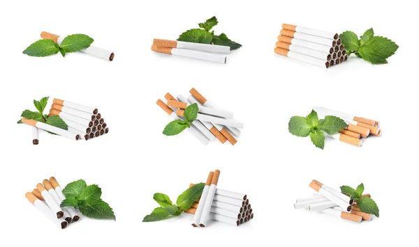Set Menthol Cigarettes Fresh Mint Leaves White Background — Stock Photo, Image