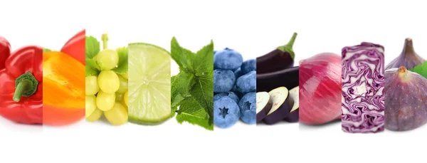 Colagem Com Diferentes Frutas Legumes Frescos Maduros Fundo Branco Design — Fotografia de Stock