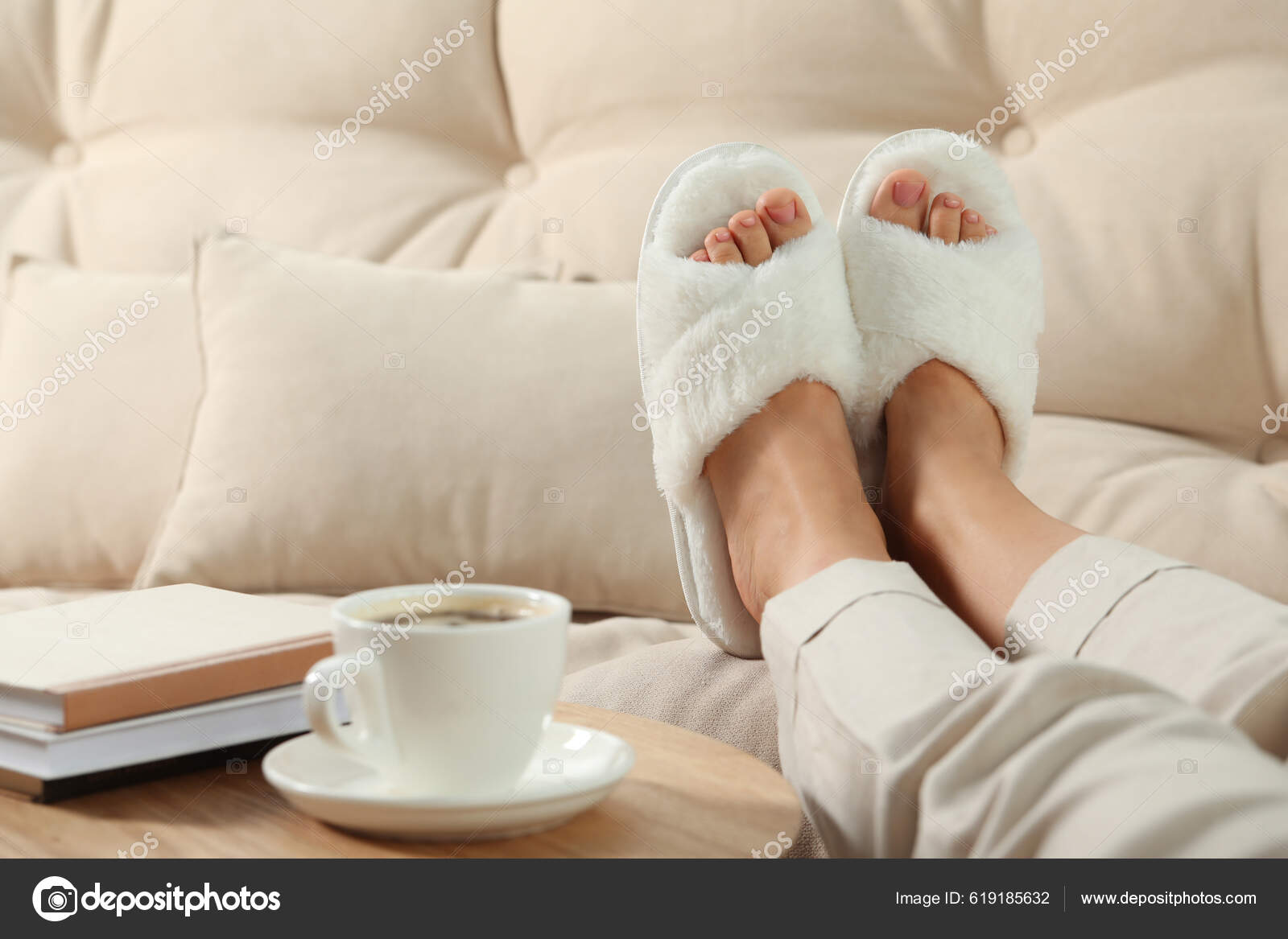 Woman Wearing Soft Slippers Home Closeup Stock Photo by ©NewAfrica 619185632