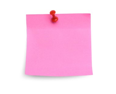 Blank pink note pinned on white background, top view