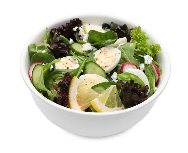 Salada Deliciosa Com Ovos Cozidos Legumes Limão Tigela Isolada Branco — Fotografia de Stock