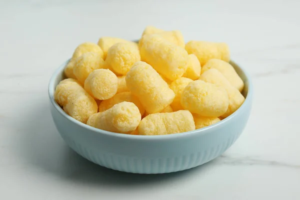 Bowl Delicious Crispy Corn Sticks White Marble Table — Stock Photo, Image