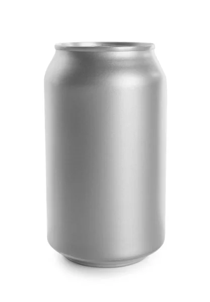 Lata Plata Con Bebida Aislada Blanco Burla Para Diseño — Foto de Stock