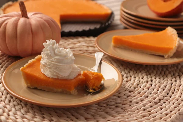 Piece Fresh Homemade Pumpkin Pie Whipped Cream Table — Foto de Stock