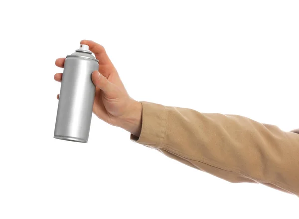 Man Håller Burk Sprayfärg Vit Bakgrund Närbild — Stockfoto