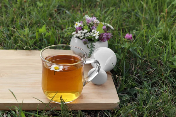 Cup Aromatic Herbal Tea Pestle Ceramic Mortar Different Wildflowers Green — Stock Fotó