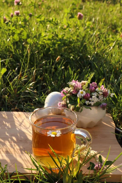 Cup Aromatic Herbal Tea Pestle Ceramic Mortar Different Wildflowers Wooden — Stockfoto