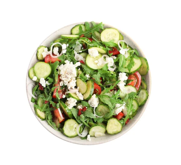 Teller Mit Köstlichem Gurkensalat Isoliert Auf Weiß Von Oben — Stockfoto